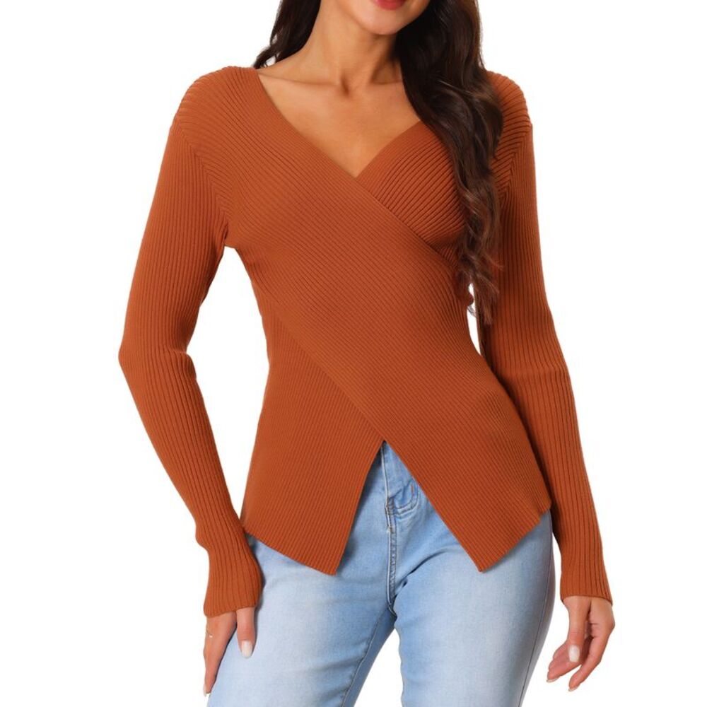 Wrap Sweater Ribbed Long Sleeve V Neck Criss Cross Tops Brick Red